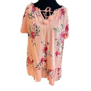 St. John’s Bay Peach Floral Tunic Top XL Rayon‎ Tassel Tie Neck Boho Style